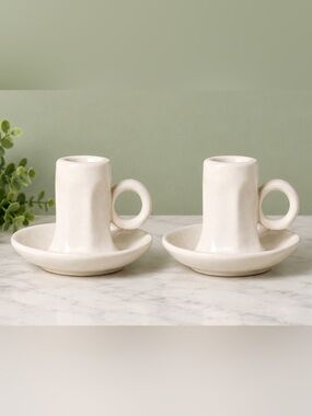 Hearth & Hand **SET OF 2** Cream Candle Holders 3"x 4" Faceted Ceramic Taper NEW